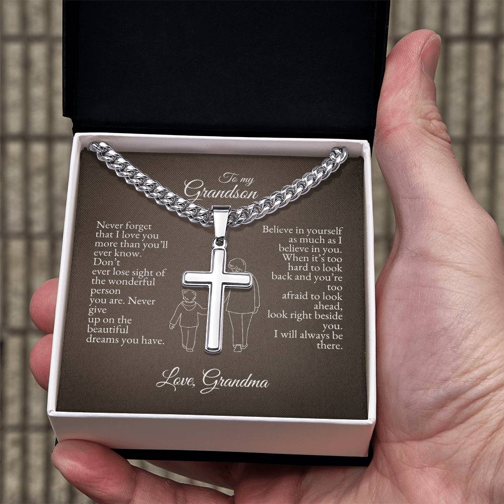 o My Grandson | Never Forget That I Love You | Cuban Link Chain with Artisan Cross