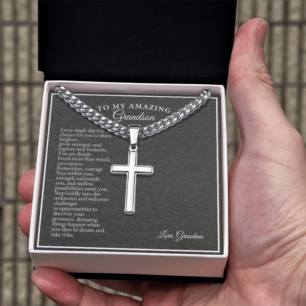 To My Grandson | Every Single Day Is A Chance For You To Shine Brighter | Cuban Link Chain with Artisan Cross