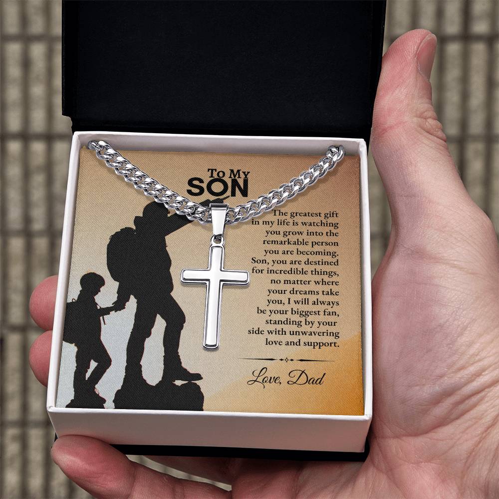 To My Son | The Greatest Gift In My Life is Watching You Grow | Cuban Link Chain with Artisan Cross