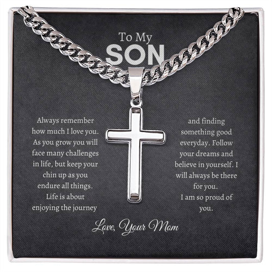 To My Son | Always Remember | Cuban Chain with Artisan Cross Necklace