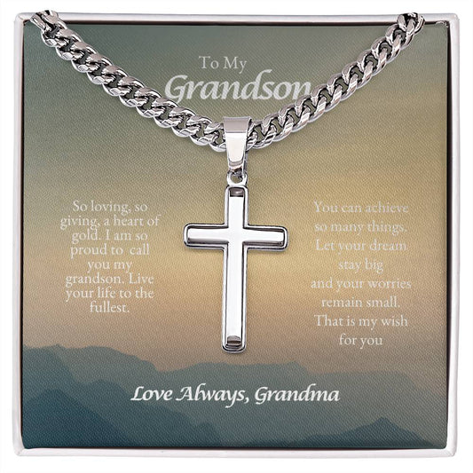 o My Grandson | So Loving, So Giving. A Heart of Gold | Cuban Link Chain with Artisan Cross
