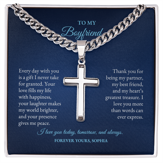For Boyfriend | Every day With You | Cuban Link Chain with Artisan Cross