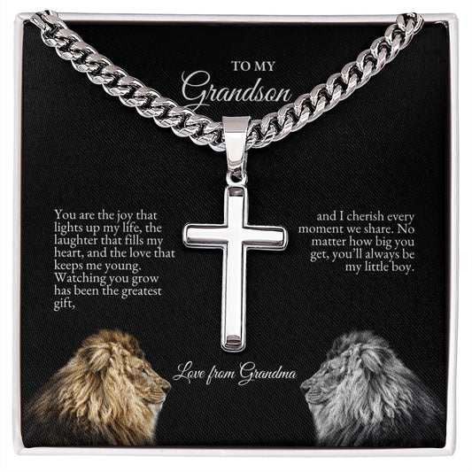 o My Grandson | You Are The Joy That Lights Up My Life | Cuban Link Chain with Artisan Cross
