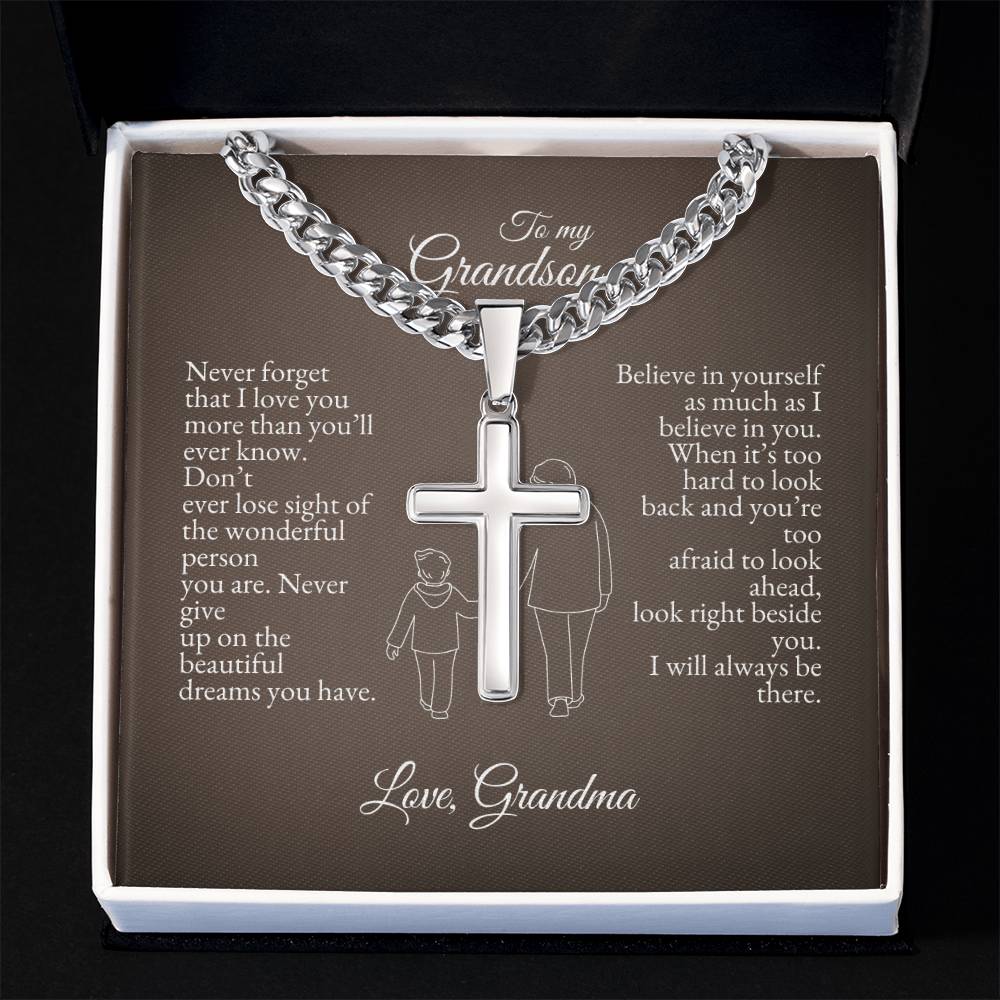 o My Grandson | Never Forget That I Love You | Cuban Link Chain with Artisan Cross