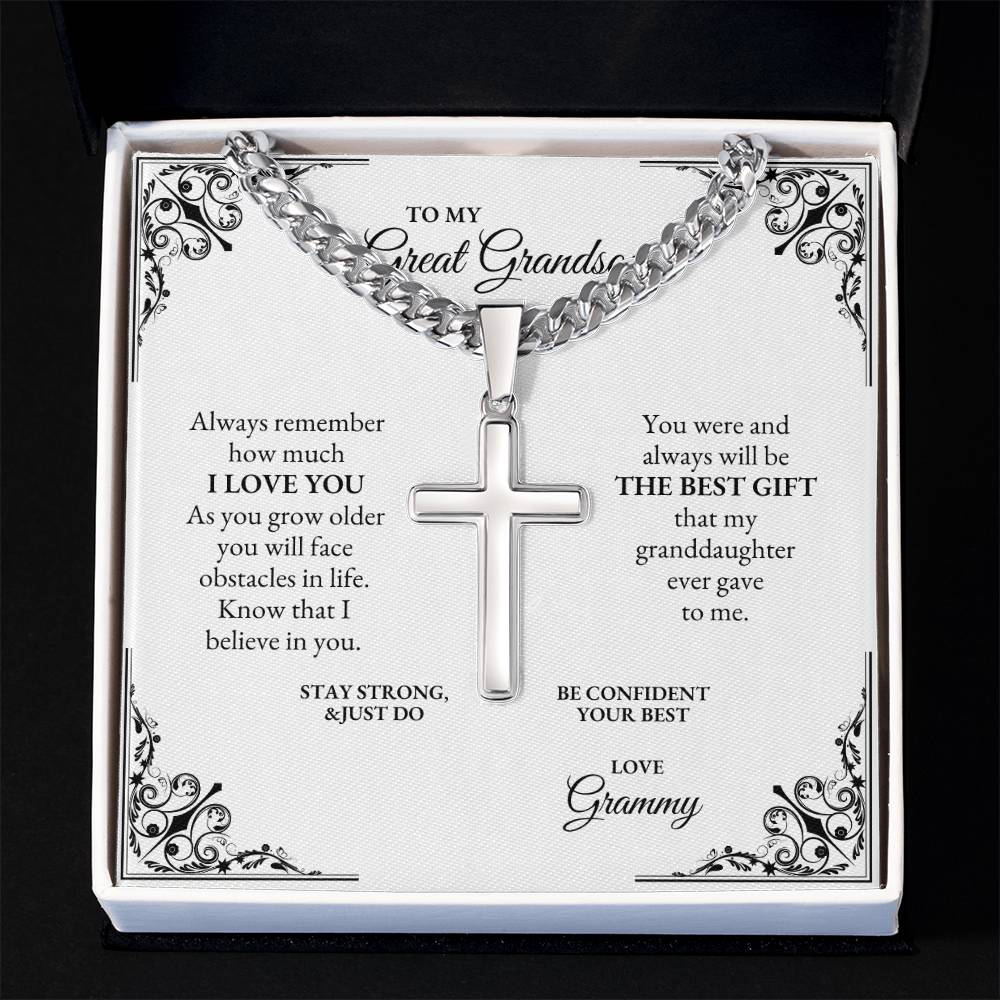 To My Great Grandson | Always Remember How Much I Love You | Cuban Link Chain with Artisan Cross