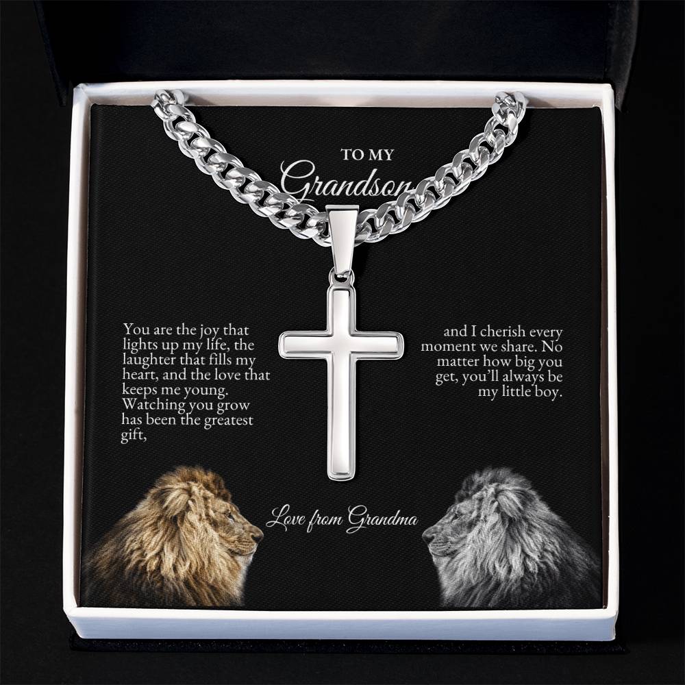 o My Grandson | You Are The Joy That Lights Up My Life | Cuban Link Chain with Artisan Cross