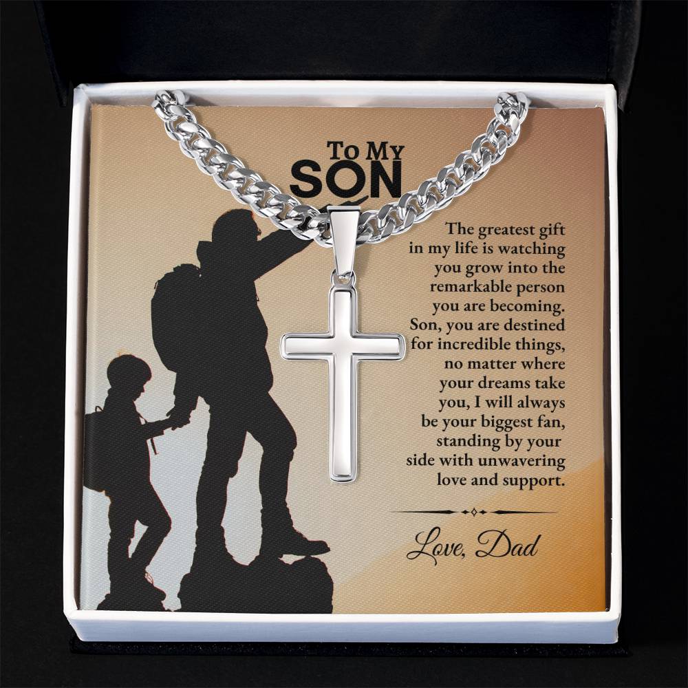 To My Son | The Greatest Gift In My Life is Watching You Grow | Cuban Link Chain with Artisan Cross