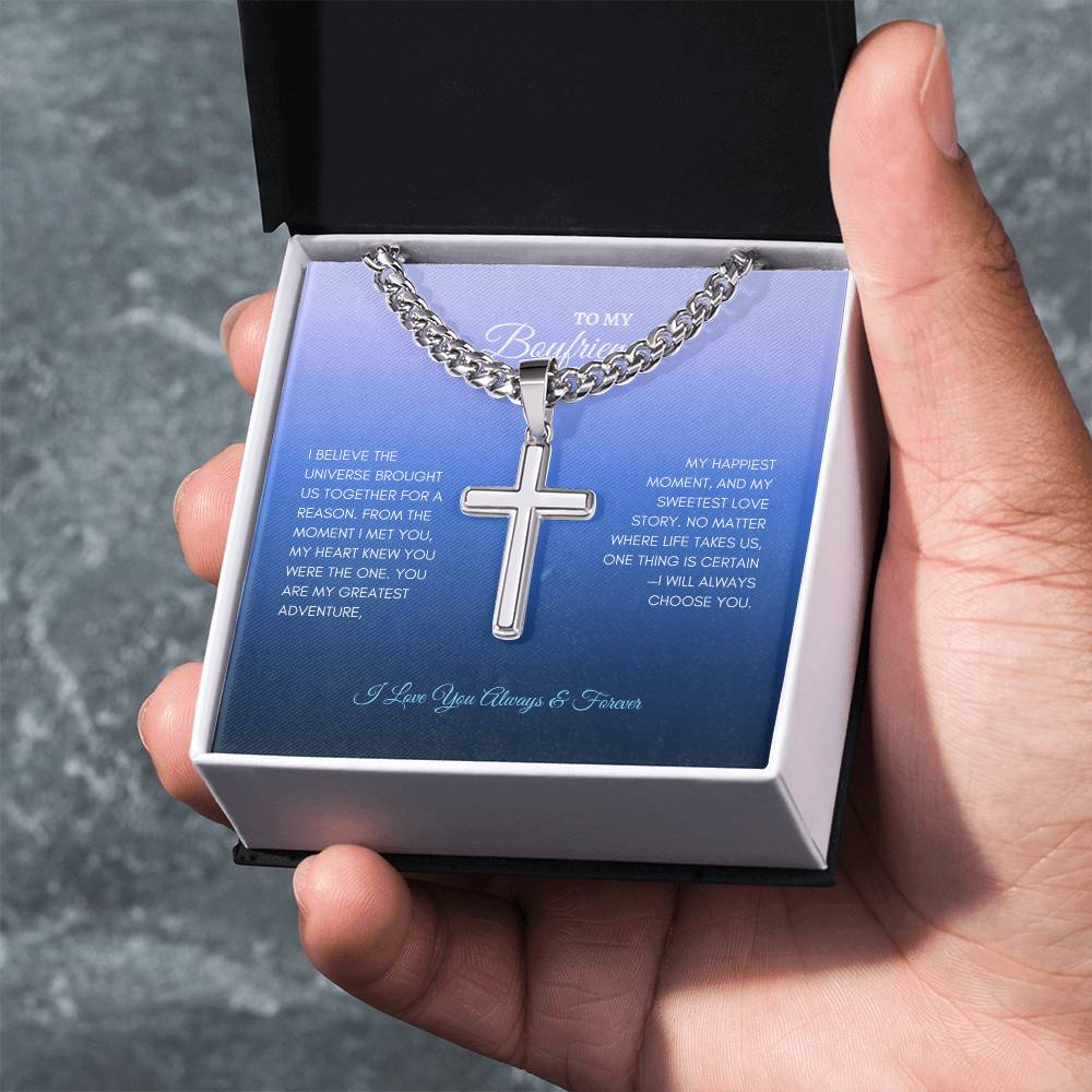 For Boyfriend | I Believe The Universe | Cuban Link Chain with Artisan Cross