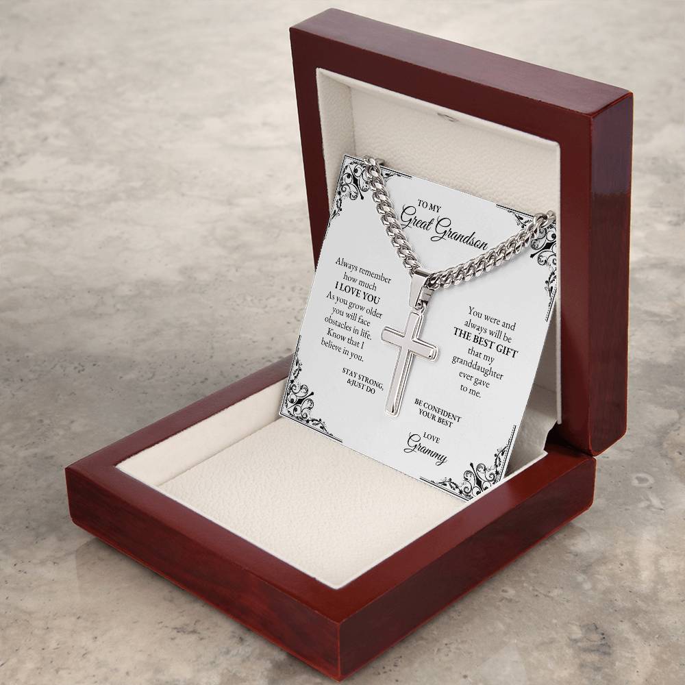 To My Great Grandson | Always Remember How Much I Love You | Cuban Link Chain with Artisan Cross