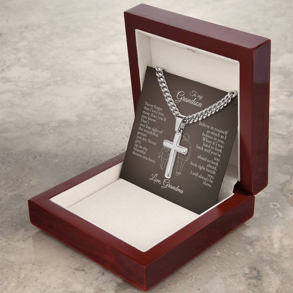 o My Grandson | Never Forget That I Love You | Cuban Link Chain with Artisan Cross