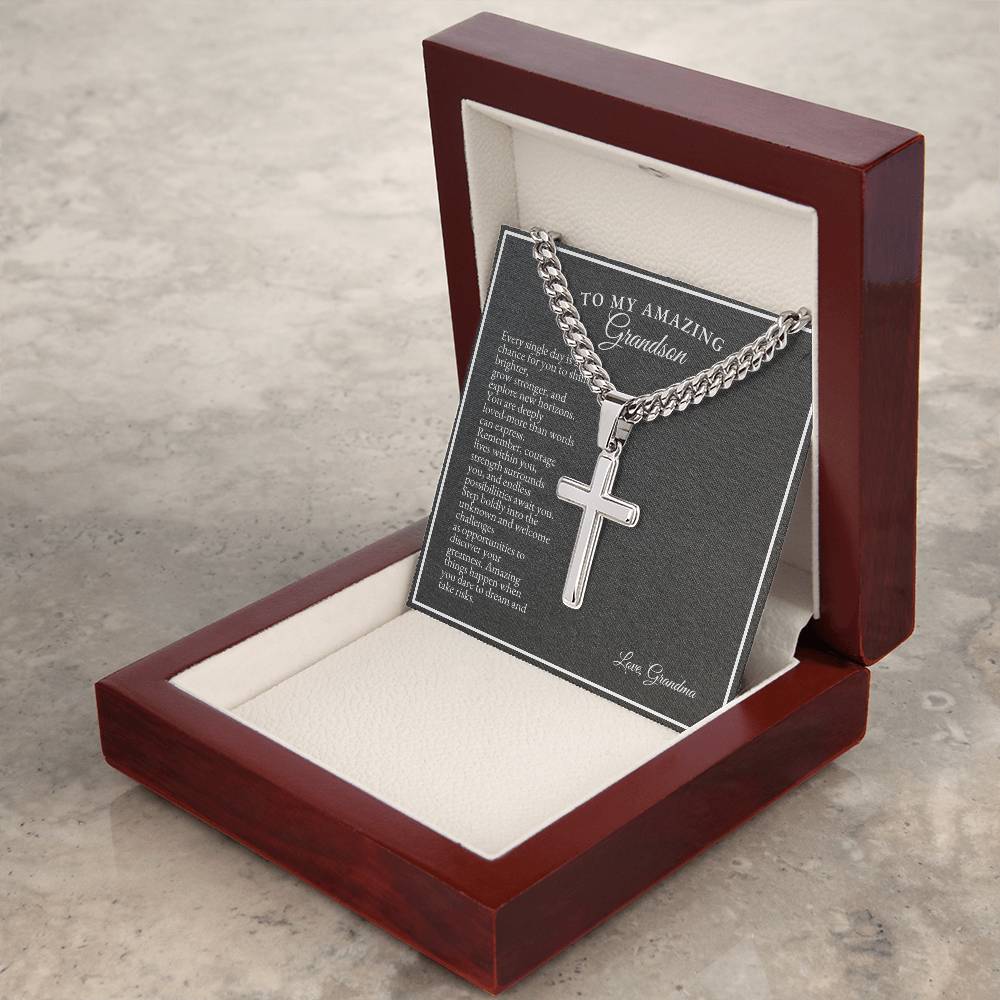 To My Grandson | Every Single Day Is A Chance For You To Shine Brighter | Cuban Link Chain with Artisan Cross