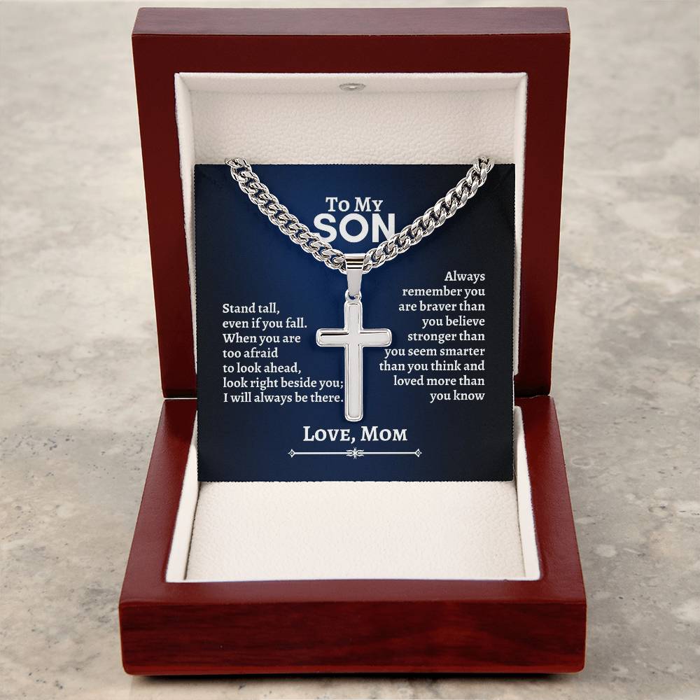 To My Son | Stand Tall Even If you Fall | Cuban Chain with Artisan Cross Necklace