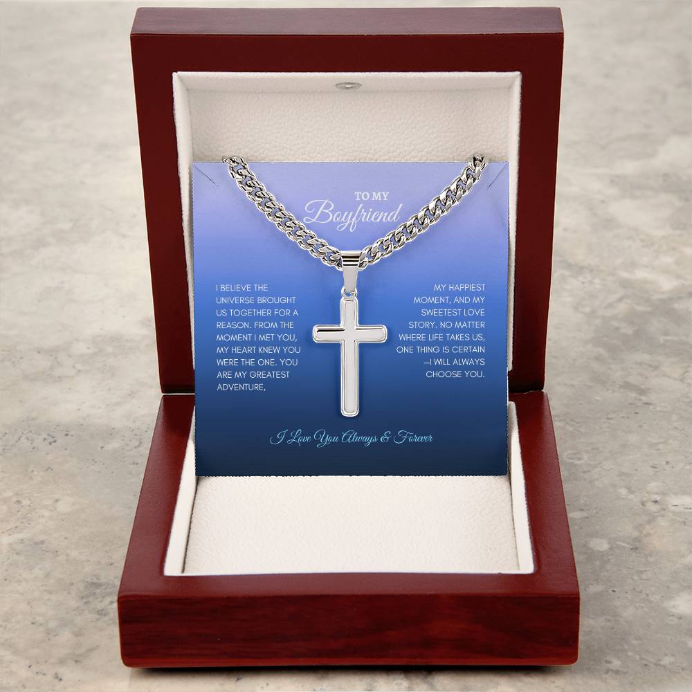 For Boyfriend | I Believe The Universe | Cuban Link Chain with Artisan Cross