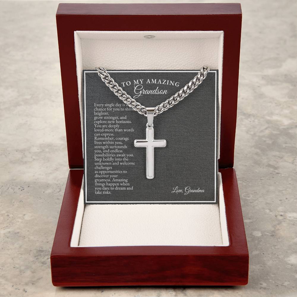 To My Grandson | Every Single Day Is A Chance For You To Shine Brighter | Cuban Link Chain with Artisan Cross