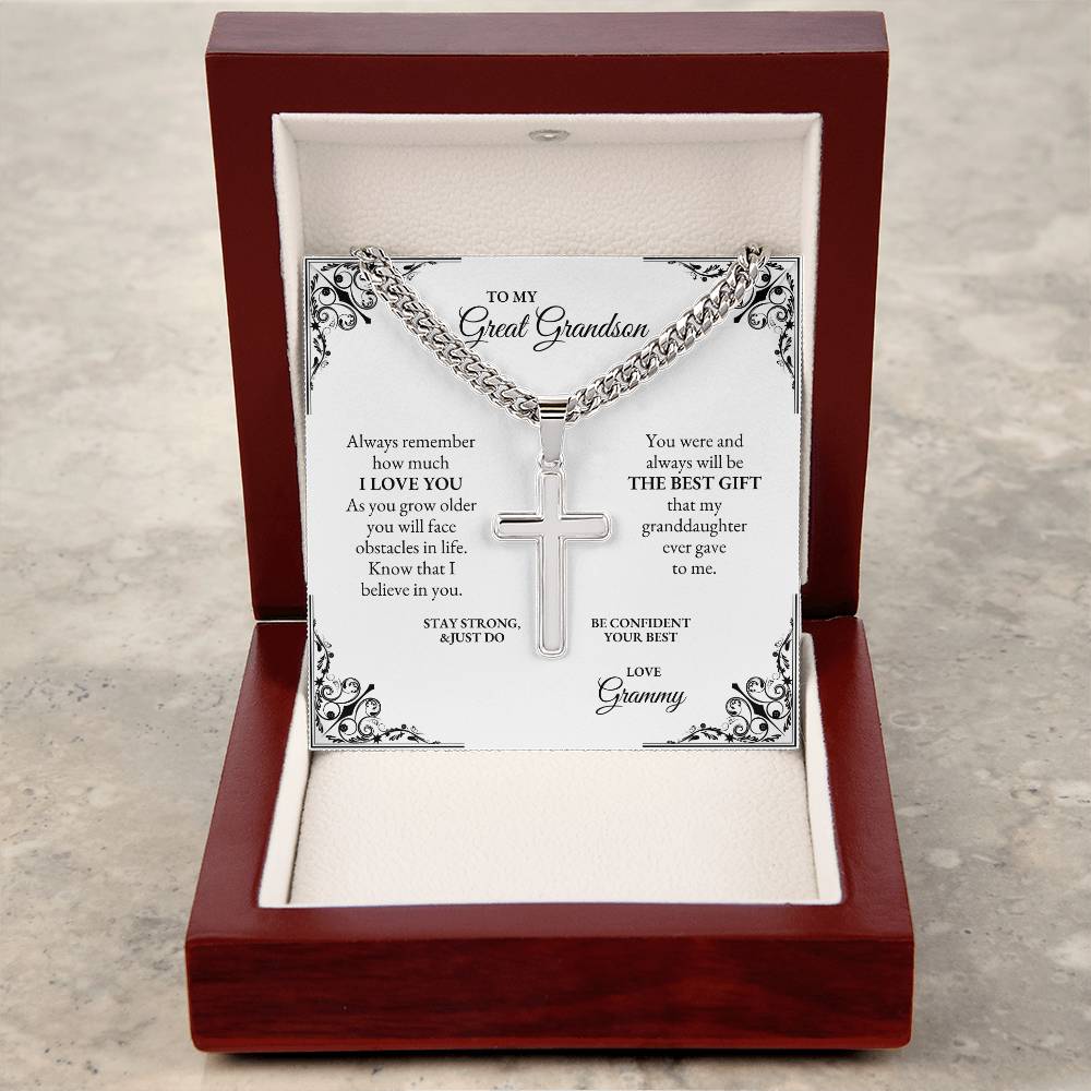 To My Great Grandson | Always Remember How Much I Love You | Cuban Link Chain with Artisan Cross