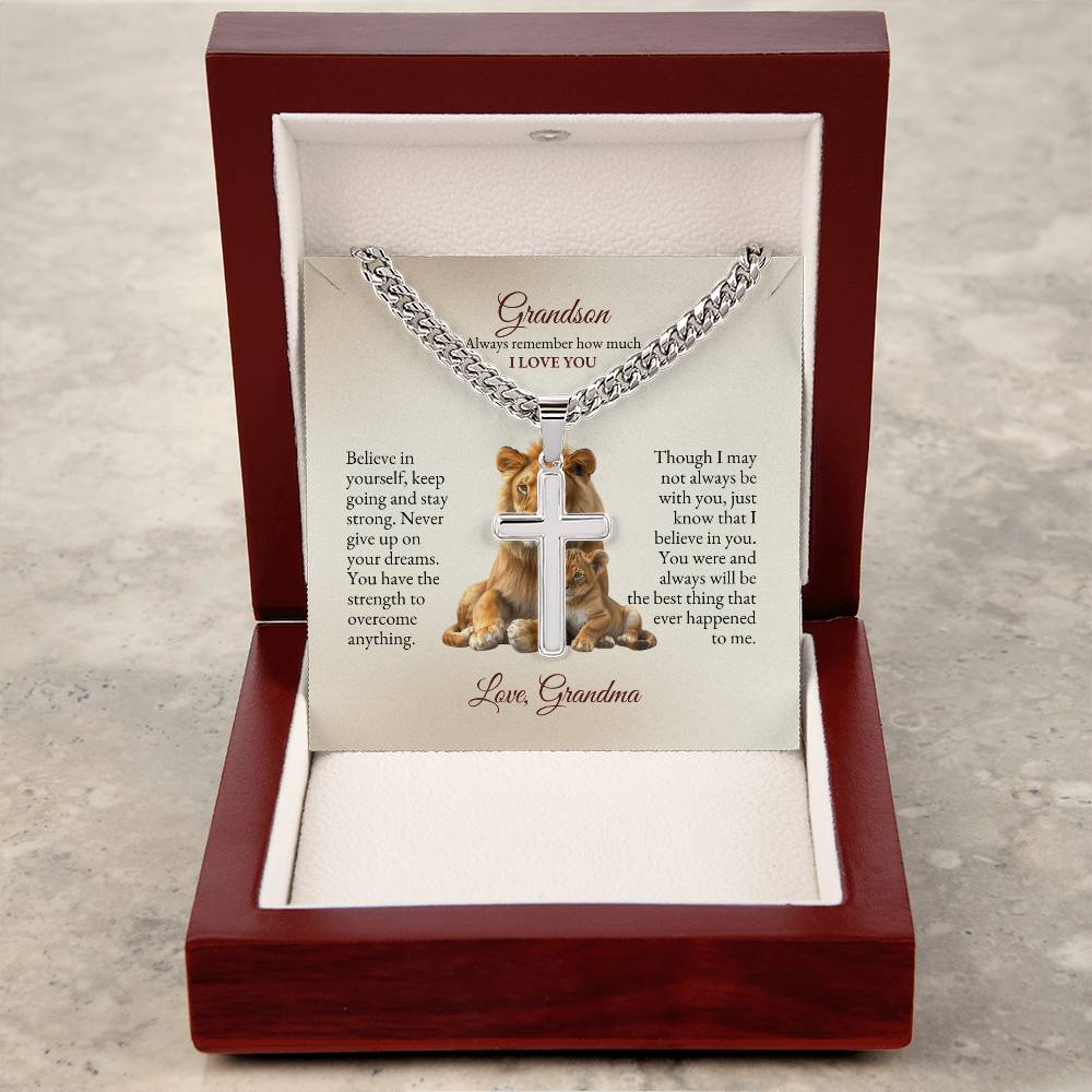 o My Grandson | Believe In Yourself, Keep Going And Stay Strong | Cuban Link Chain with Artisan Cross