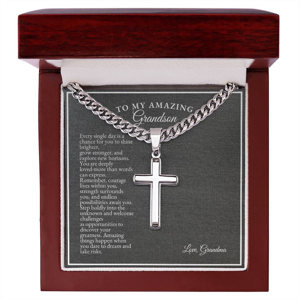 To My Grandson | Every Single Day Is A Chance For You To Shine Brighter | Cuban Link Chain with Artisan Cross
