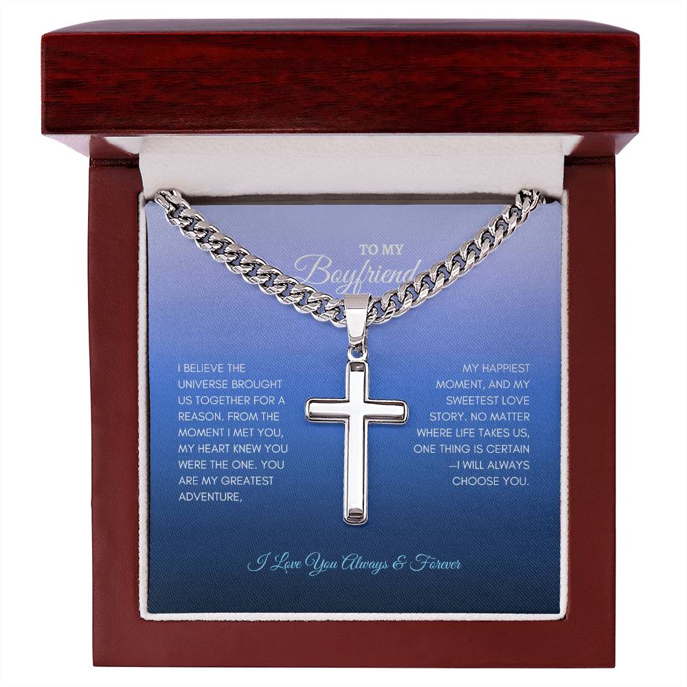 For Boyfriend | I Believe The Universe | Cuban Link Chain with Artisan Cross
