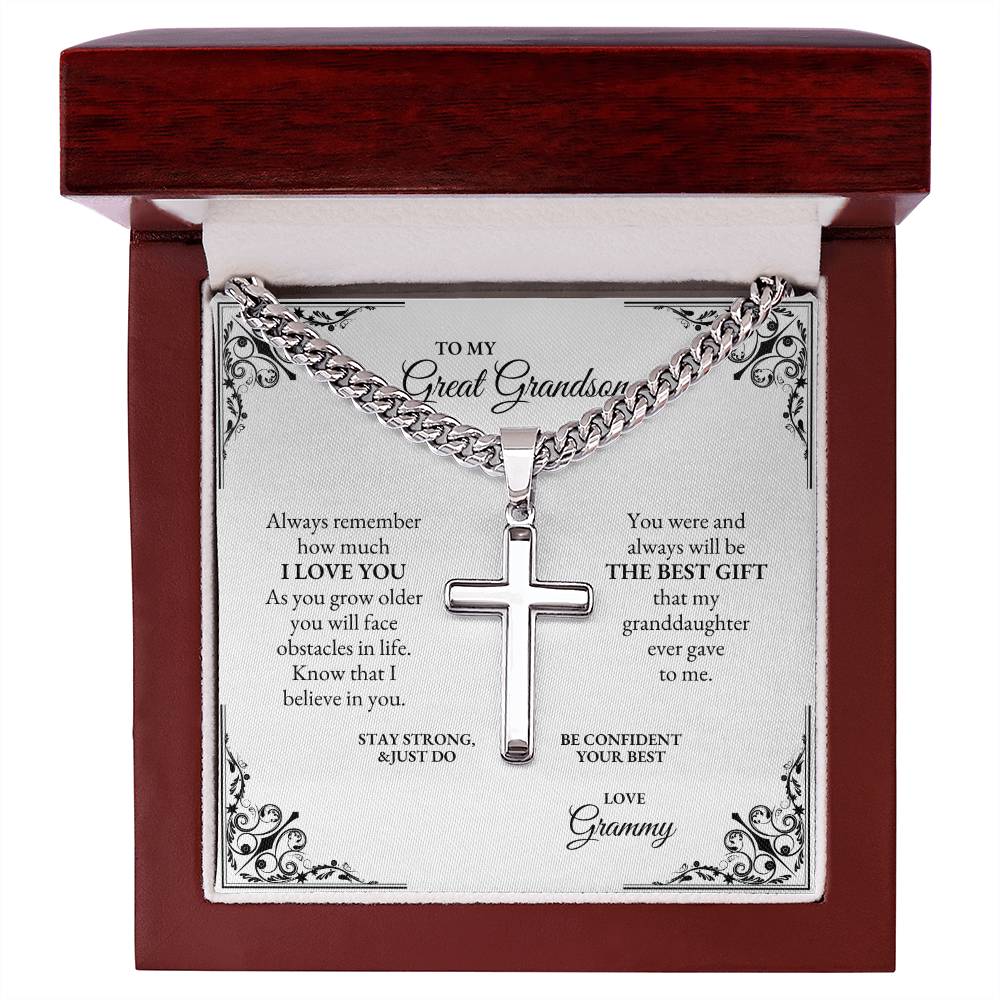 To My Great Grandson | Always Remember How Much I Love You | Cuban Link Chain with Artisan Cross