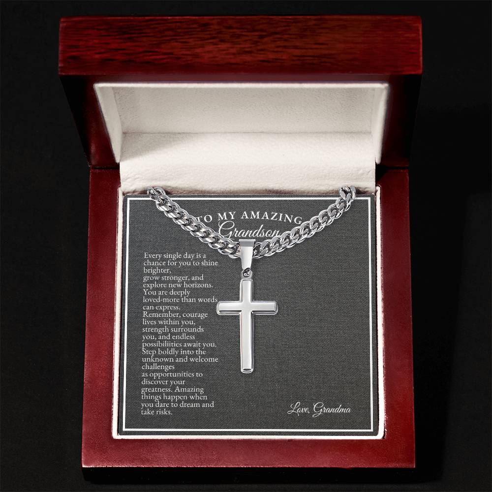 To My Grandson | Every Single Day Is A Chance For You To Shine Brighter | Cuban Link Chain with Artisan Cross