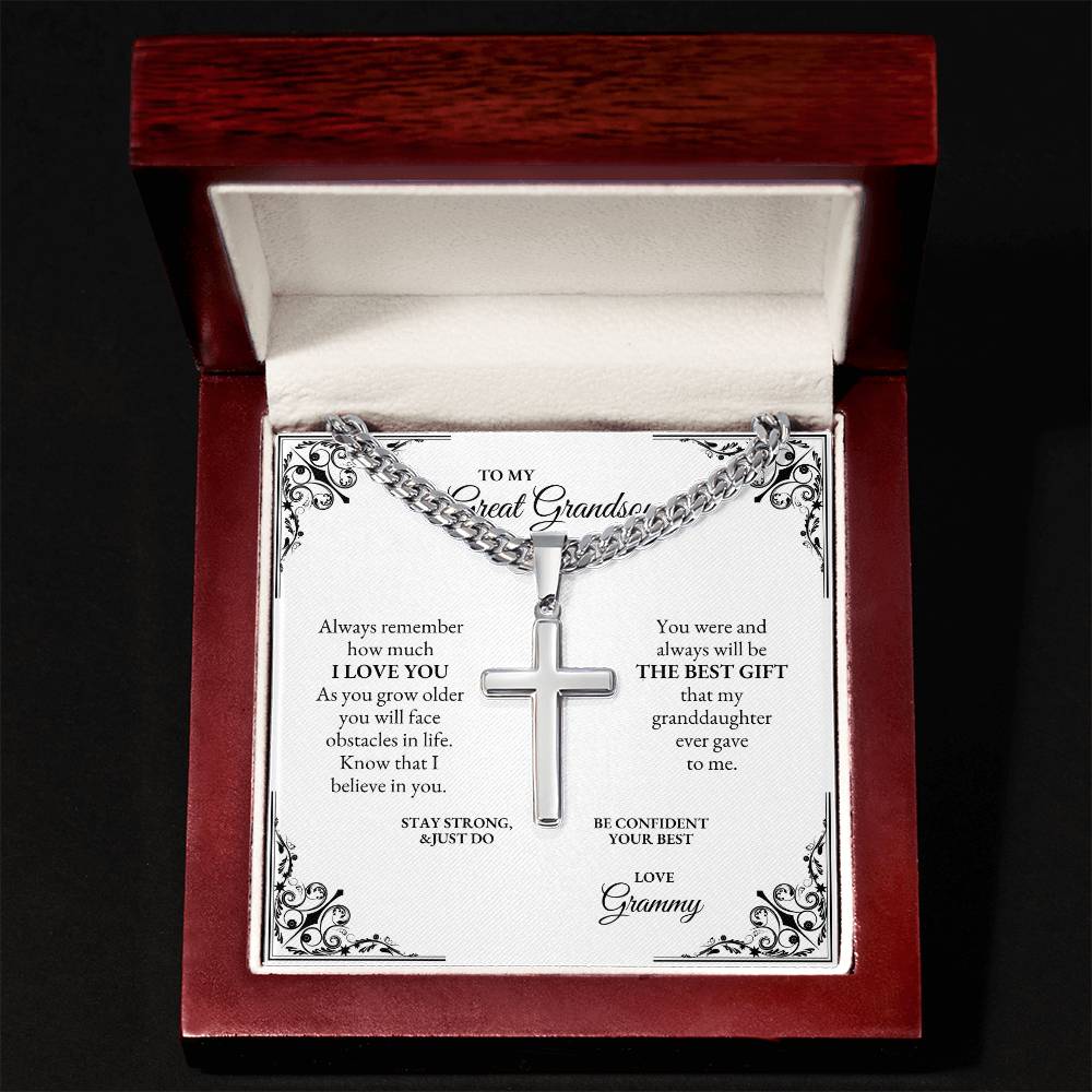 To My Great Grandson | Always Remember How Much I Love You | Cuban Link Chain with Artisan Cross