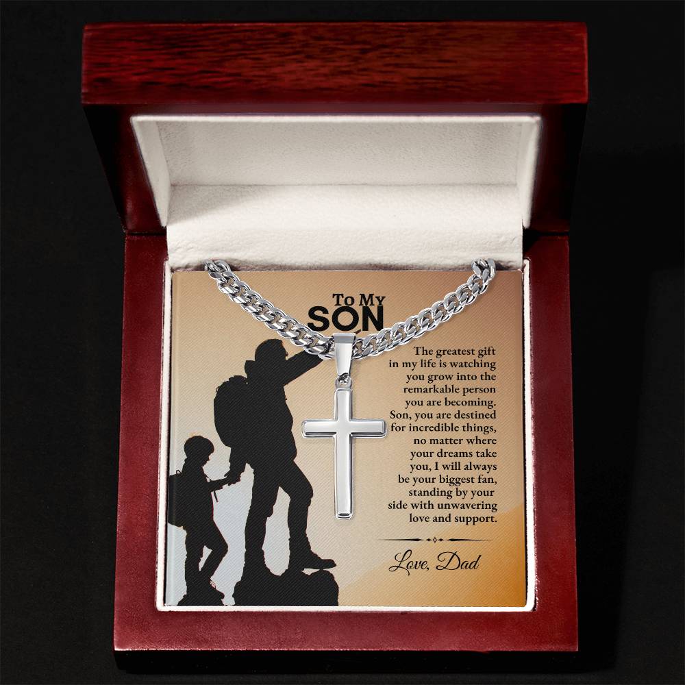 To My Son | The Greatest Gift In My Life is Watching You Grow | Cuban Link Chain with Artisan Cross