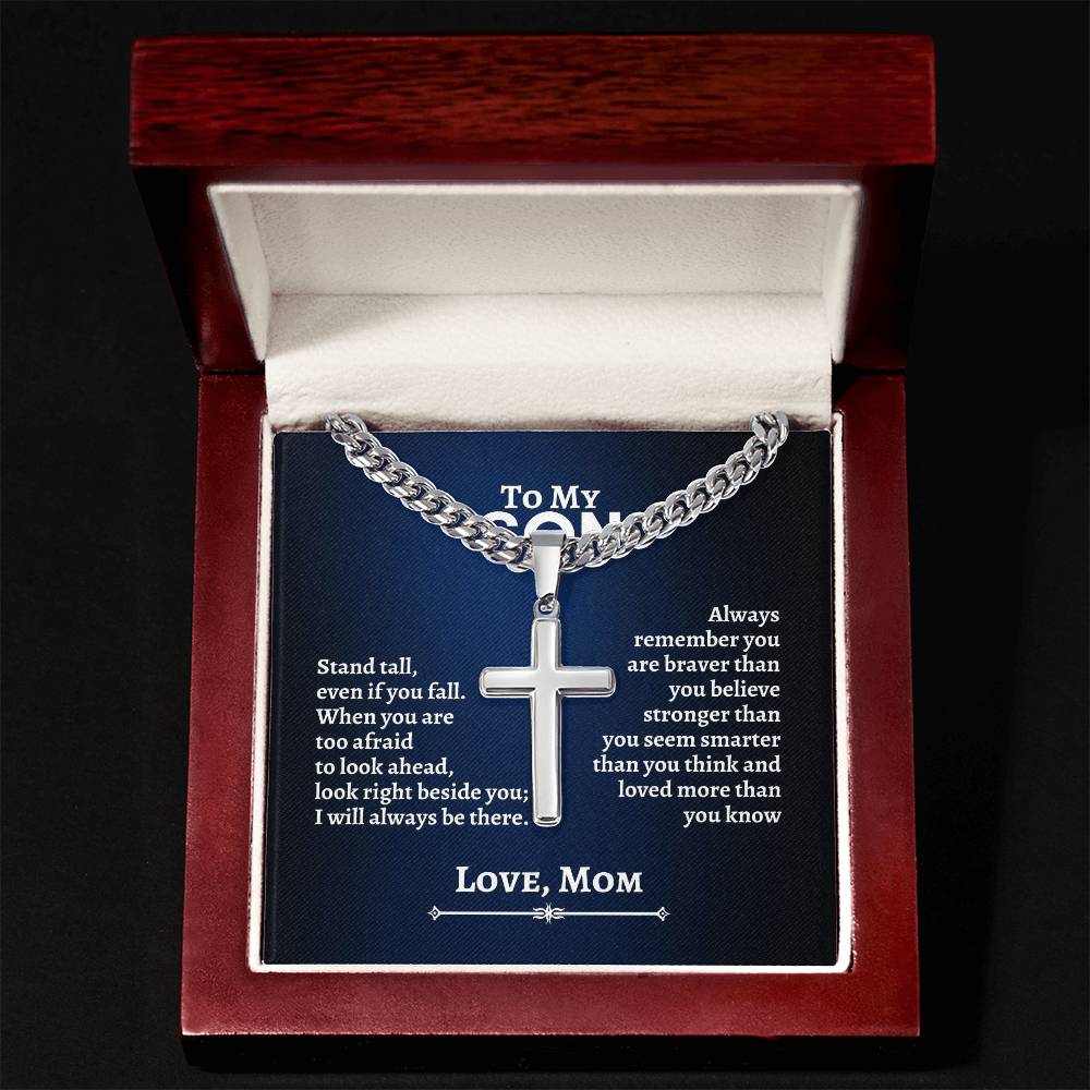To My Son | Stand Tall Even If you Fall | Cuban Chain with Artisan Cross Necklace