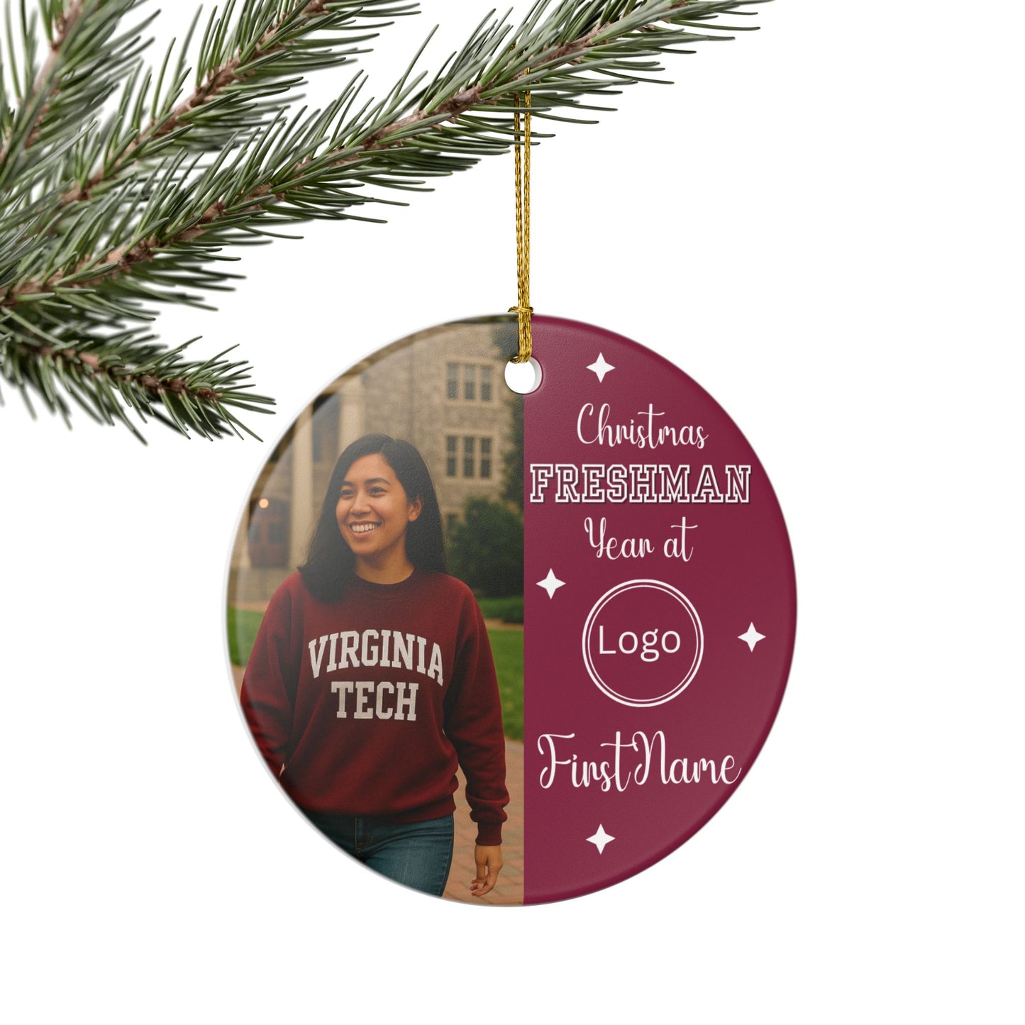First-Year College Photo Ceramic Ornament — Freshman Keepsake