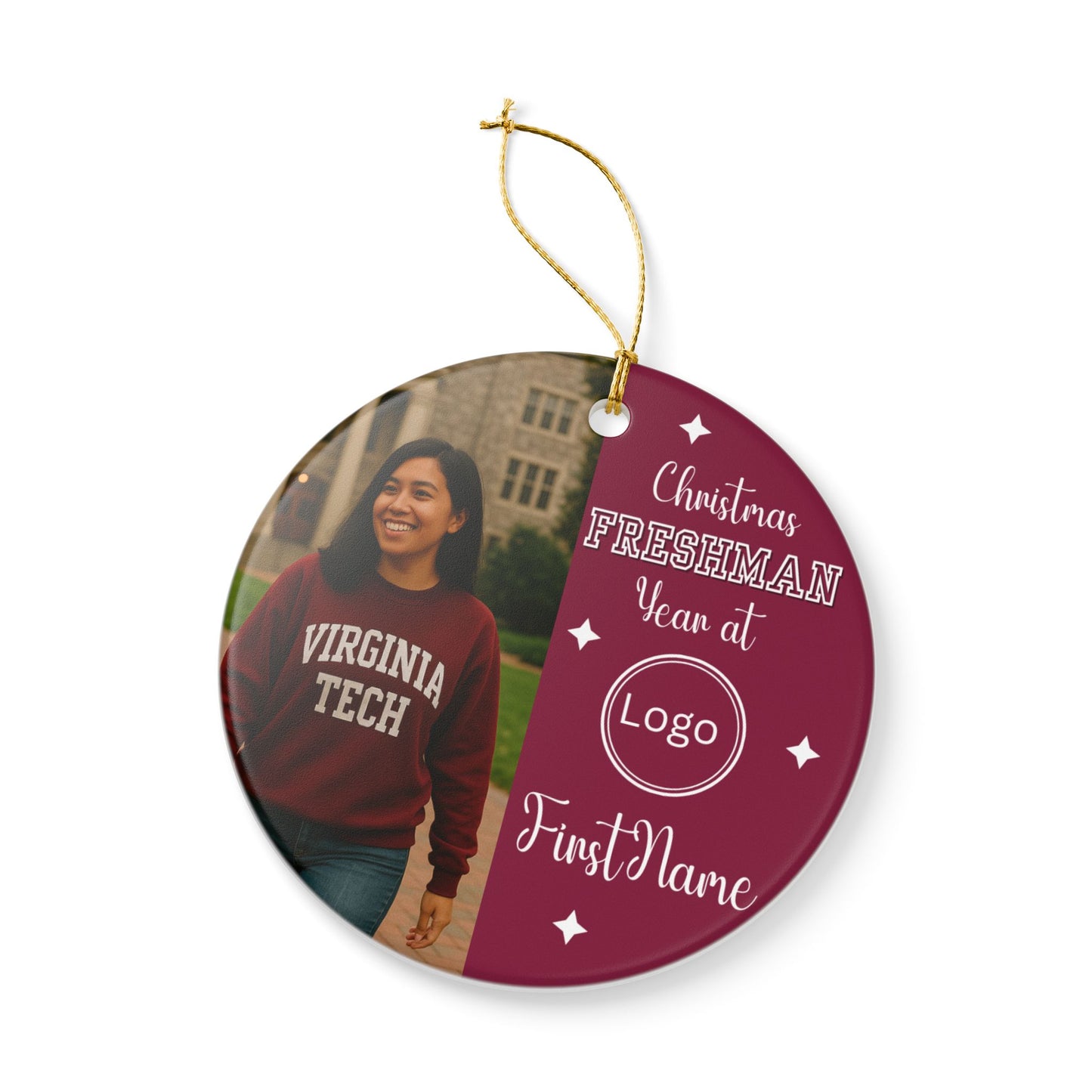 First-Year College Photo Ceramic Ornament — Freshman Keepsake