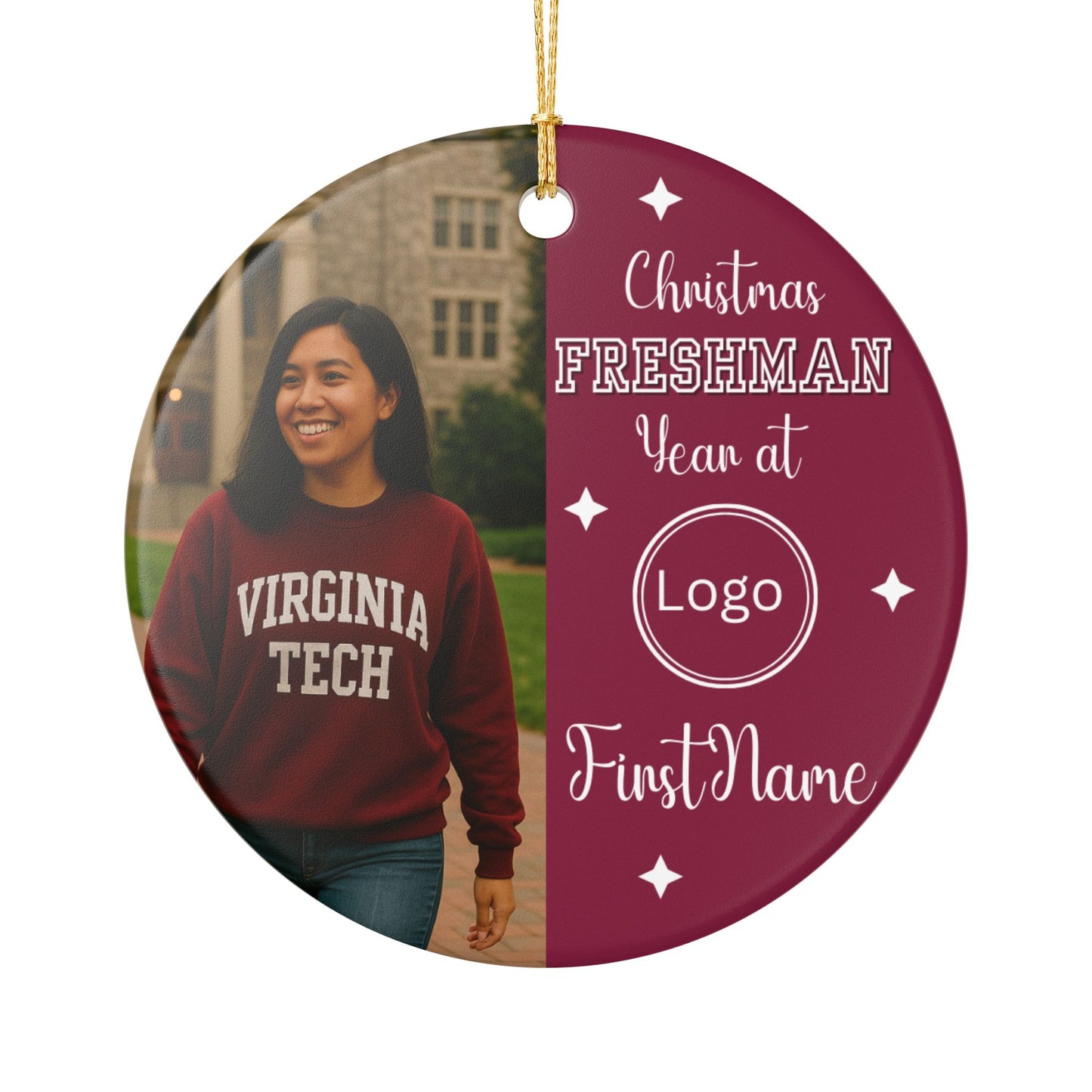 First-Year College Photo Ceramic Ornament — Freshman Keepsake