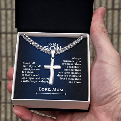 To My Son | Stand Tall Even If you Fall | Cuban Chain with Artisan Cross Necklace
