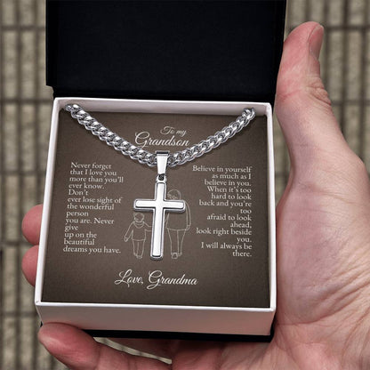 o My Grandson | Never Forget That I Love You | Cuban Link Chain with Artisan Cross