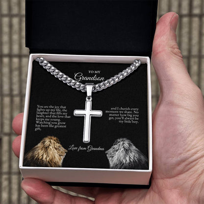 o My Grandson | You Are The Joy That Lights Up My Life | Cuban Link Chain with Artisan Cross