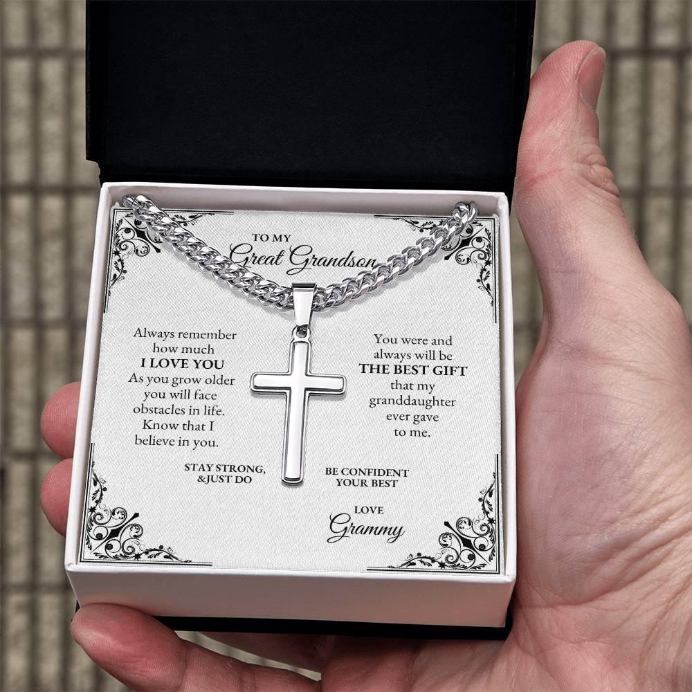 To My Great Grandson | Always Remember How Much I Love You | Cuban Link Chain with Artisan Cross