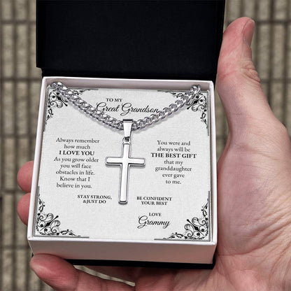 To My Great Grandson | Always Remember How Much I Love You | Cuban Link Chain with Artisan Cross