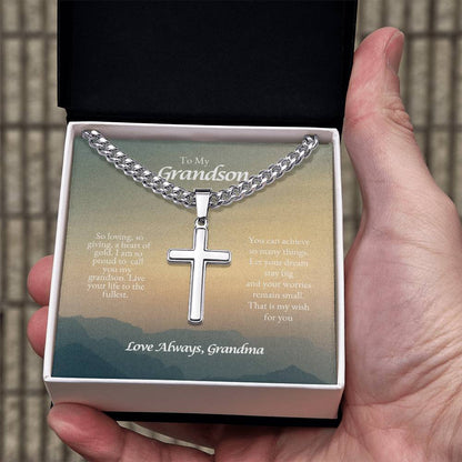 o My Grandson | So Loving, So Giving. A Heart of Gold | Cuban Link Chain with Artisan Cross