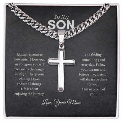 To My Son | Always Remember | Cuban Chain with Artisan Cross Necklace