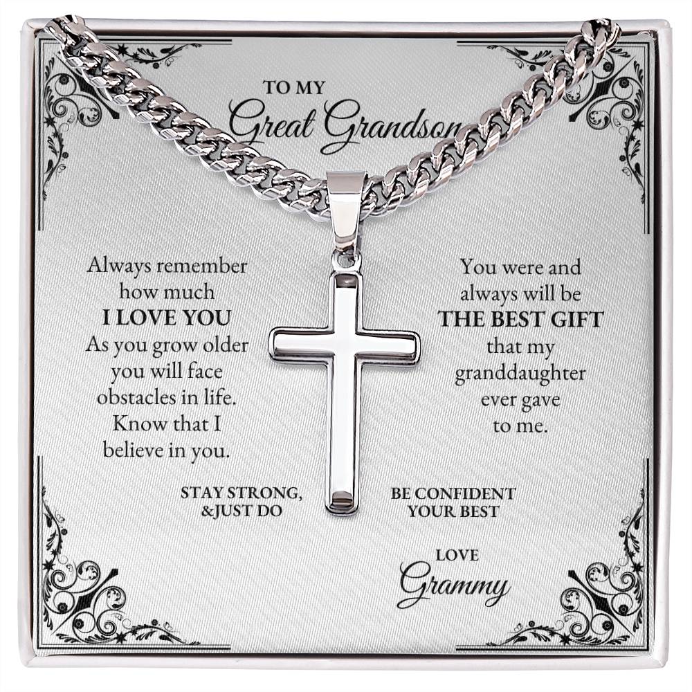 To My Great Grandson | Always Remember How Much I Love You | Cuban Link Chain with Artisan Cross