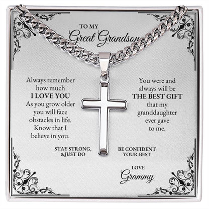 To My Great Grandson | Always Remember How Much I Love You | Cuban Link Chain with Artisan Cross