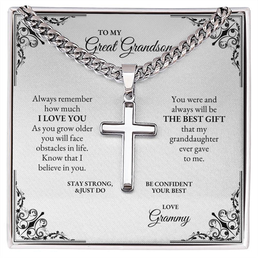 To My Great Grandson | Always Remember How Much I Love You | Cuban Link Chain with Artisan Cross
