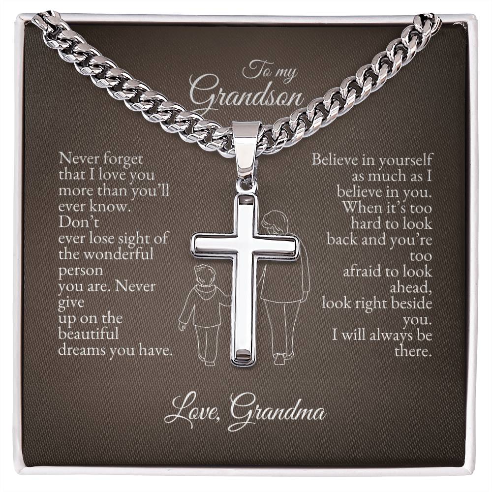 o My Grandson | Never Forget That I Love You | Cuban Link Chain with Artisan Cross