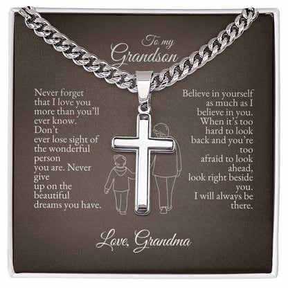 o My Grandson | Never Forget That I Love You | Cuban Link Chain with Artisan Cross