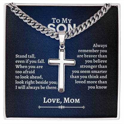 To My Son | Stand Tall Even If you Fall | Cuban Chain with Artisan Cross Necklace