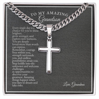 To My Grandson | Every Single Day Is A Chance For You To Shine Brighter | Cuban Link Chain with Artisan Cross