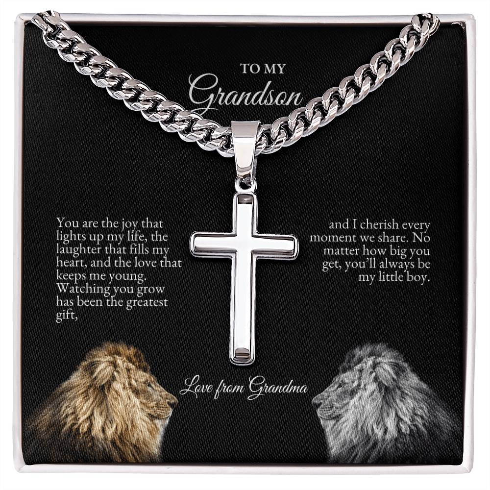 o My Grandson | You Are The Joy That Lights Up My Life | Cuban Link Chain with Artisan Cross