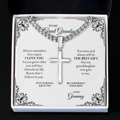 To My Great Grandson | Always Remember How Much I Love You | Cuban Link Chain with Artisan Cross