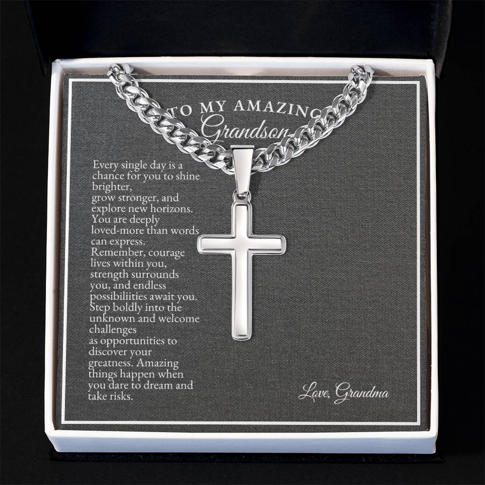 To My Grandson | Every Single Day Is A Chance For You To Shine Brighter | Cuban Link Chain with Artisan Cross