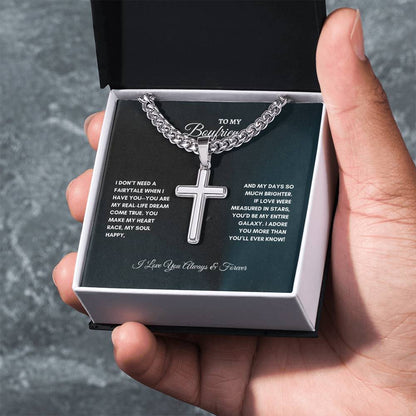 For Boyfriend | I Don't Need a Fairytale | Cuban Link Chain with Artisan Cross