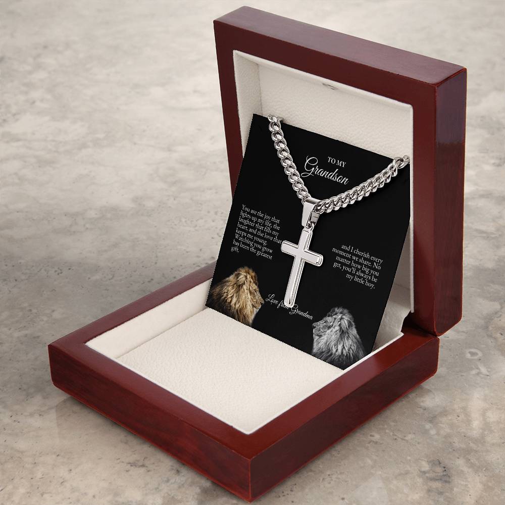 o My Grandson | You Are The Joy That Lights Up My Life | Cuban Link Chain with Artisan Cross