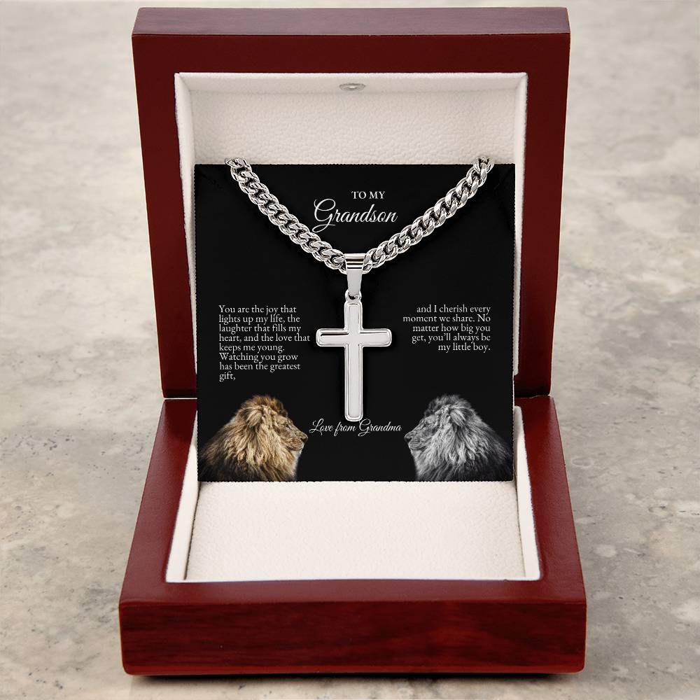 o My Grandson | You Are The Joy That Lights Up My Life | Cuban Link Chain with Artisan Cross